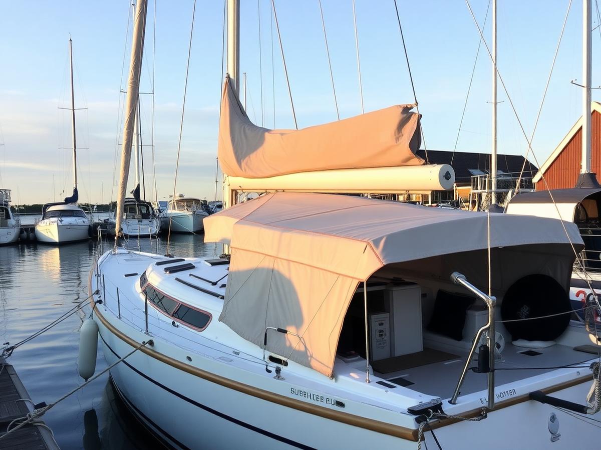 Zeilboot met nieuwe buiskap in de haven
