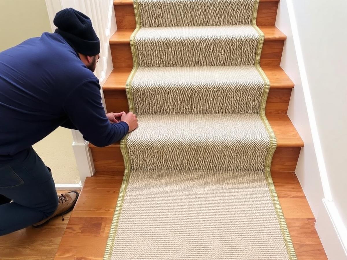 Nieuw traptapijt strak gelegd op houten trap